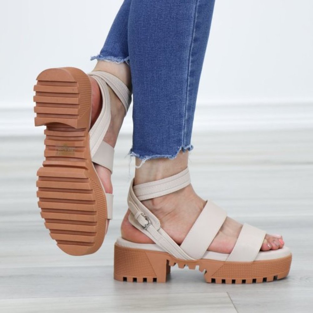 Nude Strappy Chunky Heel Sandal Faux Leather - Picture 9 of 12